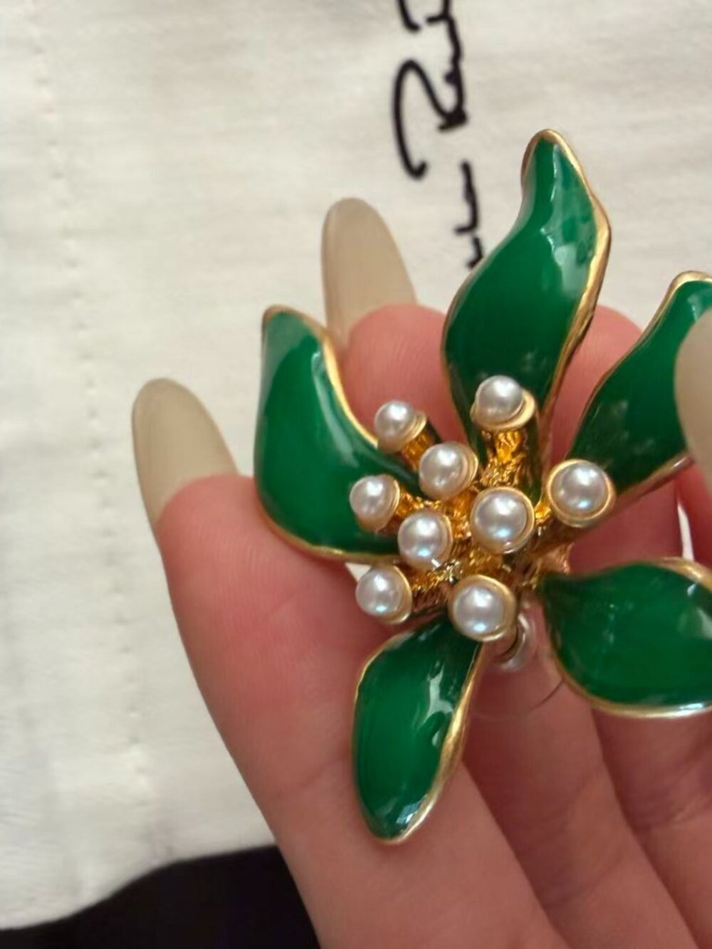 Oscar de la Renta Green Enamel Pearl Floral Statement Earrings - Picture 2 of 6